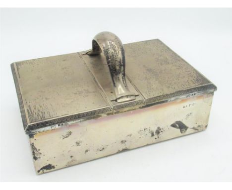 Geo.V Art Deco hallmarked Sterling silver Treasury style cigar box, with strap work handle, engine turned decoration and Gree