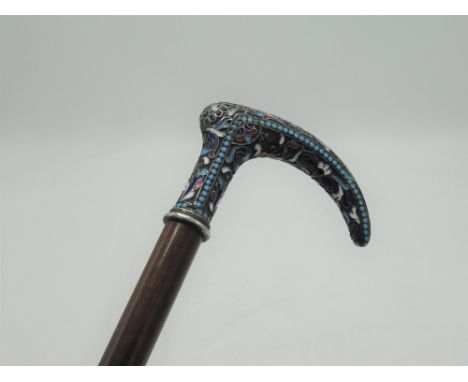 Late C19 Russian Champleve enamel handled walking stick, curved handle with stylised floral and foliate enamel and turquoise 