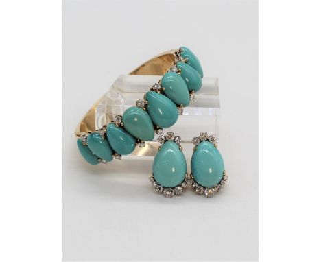 Pair of mid century turquoise and diamond clip earrings, teardrop cabochon turquoise beads, the top adorned with three gradua