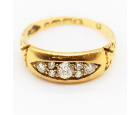 Victorian hallmarked 18ct yellow gold diamond ring, round cut diamonds arranged in navette shaped mount with bright cut shoul