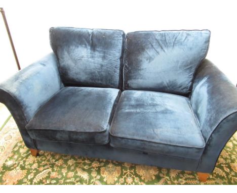 Art Deco style blue velour upholstered sofa, with out-scrolled arms and loose back and seat cushions on angular legs, W180cm 