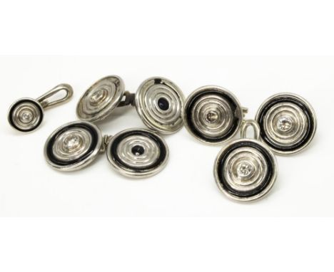 Pair of Art Deco platinum circular target cufflinks, round cut diamond to centre with  black enamel detail, three matching bu