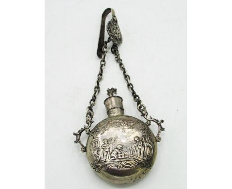Early C20th Dutch baroque style perfume flask and chatelaine, panels set with classical scenes and surrounded by acanthus scr