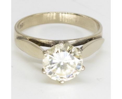 18ct white gold diamond solitaire ring, round cut diamond diameter approx.8mm,  claw set on stylised  mid century shank, size