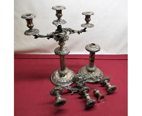 Pair of large Victorian Country House hallmarked sterling silver three light table candlesticks, the two detachable branchwor