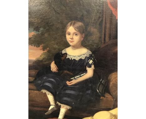 Unsigned, oil on canvas, 'Portrait of a seated girl holding her dog, with a bonnet at her side', 112 x 90cm