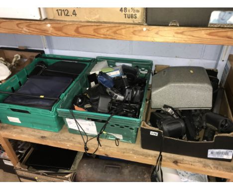 Three boxes of assorted cameras including Fujifilm, Nikon etc