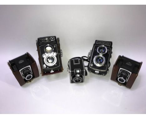 Two Ross Ensign cameras, a Yashica MAT 124 camera, a Hacoflex camera and a Rondine camera (5)