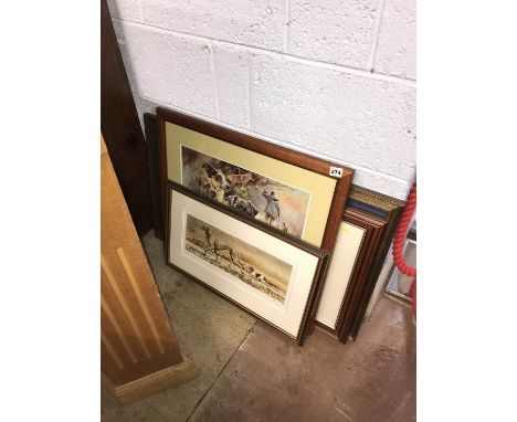 Print, Mick Cawston, 'Wet and Dry', signed, a watercolour by Edna Wilson, a Spitfire print, and a Mick Cawston dog print (4)
