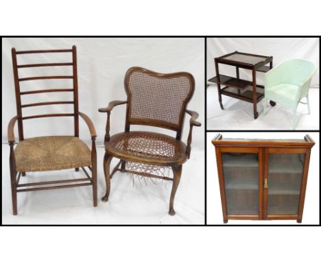 EDWARDIAN BEECH FRAMED CANEWORK ELBOW CHAIR
by 'Wylie & Lochhead Ltd., Glasgow', with shaped frame, turned stretchers and rai