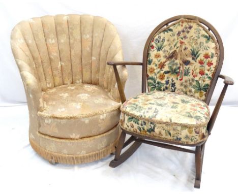 ERCOL STYLE ROCKING CHAIR
with a hoop stick back above outswept arms, with a floral cushion back and seat, together with a sh