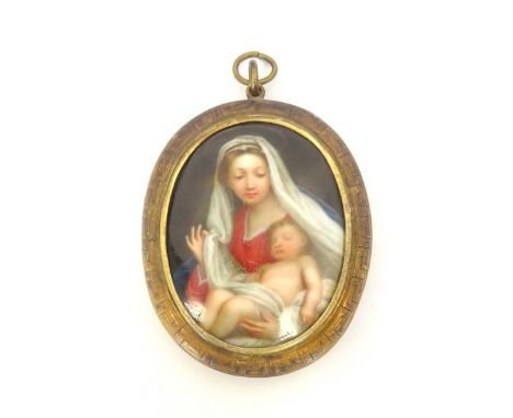 EARLY VICTORIAN OVAL PORTRAIT MINIATURE
of The Madonna and Child, painted on porcelain, set in silver gilt frame, the reverse