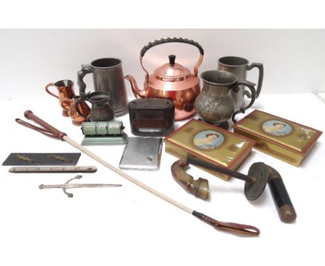 MIXED LOT OF COLLECTABLES
comprising four pewter tankards, five pewter quaichs, copper kettle, two small copper measures, fol