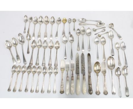 A tin containing a quantity of 18th and 19th century silver spoons, various hallmarks, together with mother of pearl handled 