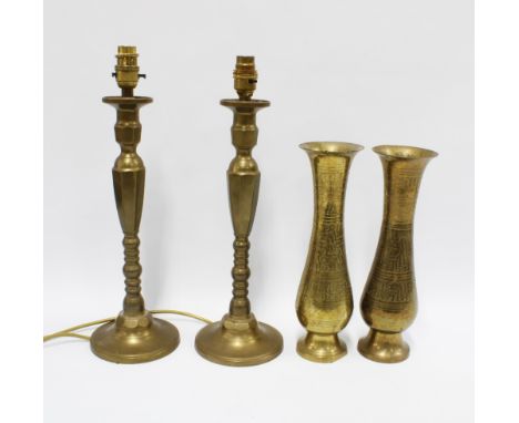 A pair of brass knop stemmed table lamp bases and two Indian brass vases (4)