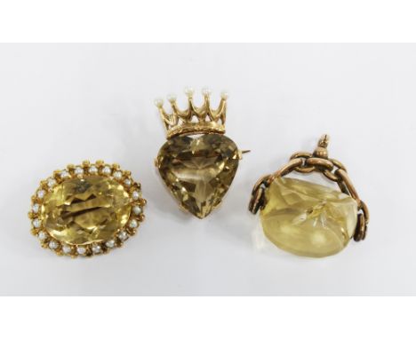 A Victorian smokey quartz revolving fob in 9ct gold mount, Birmingham 1898,  together with 9ct gold quartz and pearl coronet 