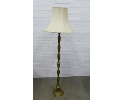 Brass standard lamp and shade, 145cm. 