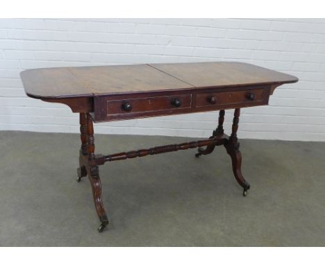 William IV mahogany sofa table with turned supports and pole stretcher on down swept legs, 147 x 72 x 61cm. (a/f) 