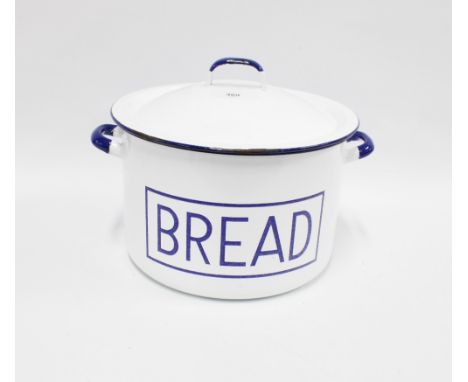 Blue and white enamel 'Bread' bin and cover, 34cm wide including handles