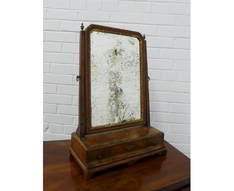 George II walnut and parcel-gilt toilet mirror, distressed mirror plate, 63 x 44cm. 