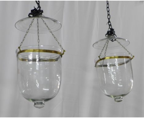 A pair of blown glass glass hundi style pendant light shades with engraved brass collars,, 55 x 27cm (2) 