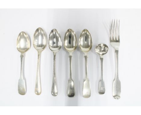 Group of silver flatware to include a dessert fork, teaspoons, mustard spoon, etc, mixed hallmarks and makers marks (7) 