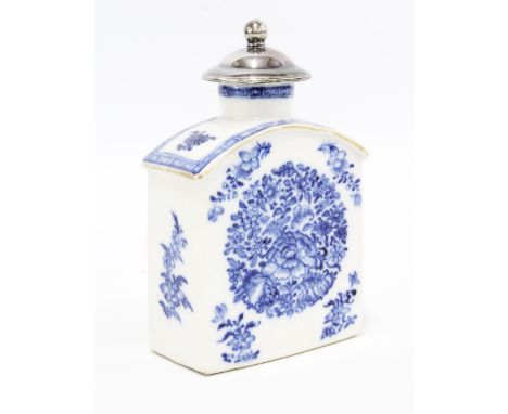 Chinese export blue and white caddy, circa 1780, with later silver top, decorated with flowers, 13cm high. Provenance: Privat