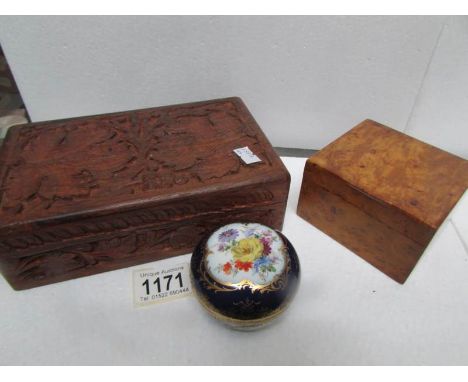 2 trinket boxes both with a collection of hair grips including tortoise shell. coins and a trinket pot