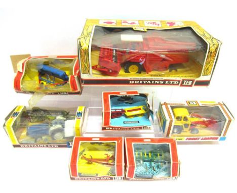 A COLLECTION OF BRITAINS FARM MODELS comprising a No.9572, Massey-Ferguson 135 Front Loader Tractor, yellow and red, boxed; N