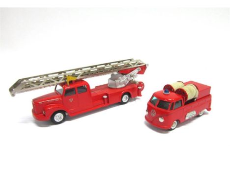 TWO TEKNO MODEL FIRE APPLIANCES comprising a Scania Vabis turntable ladder escape, and a Volkswagen pump vehicle, both excell