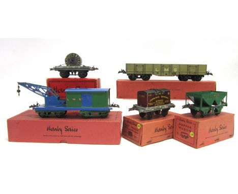 [O GAUGE]. FIVE HORNBY WAGONS comprising a No.2 L.M.S. High Capacity Wagon; L.M.S. Breakdown Van and Crane, blue and green; L