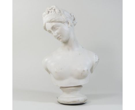 A white marble resin portrait bust of Venus, after the antique, on a socle base, 34cm high