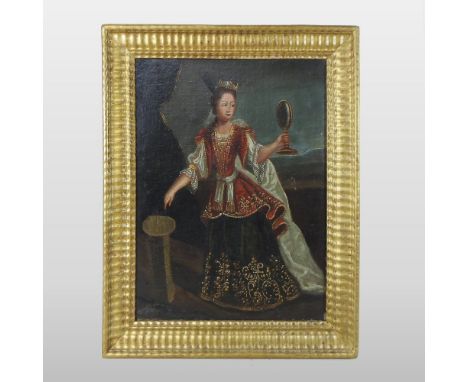 Continental School, (18th century) portrait of an actress, holding a mirror in one hand, oil on canvas, 45 x 35cm