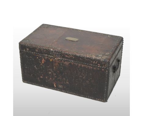 An 18th century leather trunk, with studded decoration, inscribed Mary Anne Milne, signal tower, 53cm