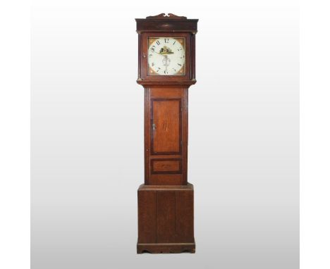 A late George III oak cased longcase clock, the painted dial signed William Breddy, Langport, having a thirty hour movement, 