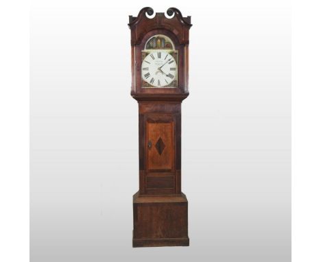 A George III oak and mahogany cased longcase clock, the painted dial signed Thomas Glase, Bridgnorth, having a thirty hour mo