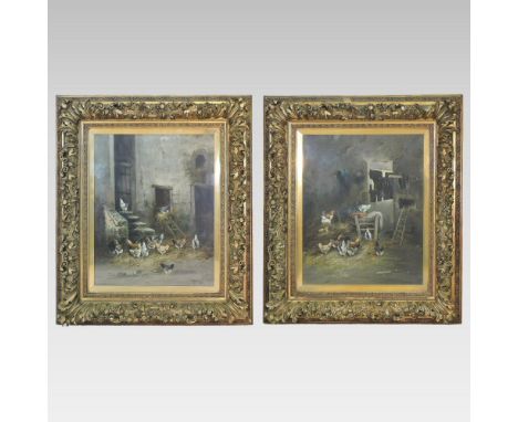 R Boulois, (19th century), chickens in a yard, oil on canvas, mounted in an ornate gilt frame, together with the companion, a