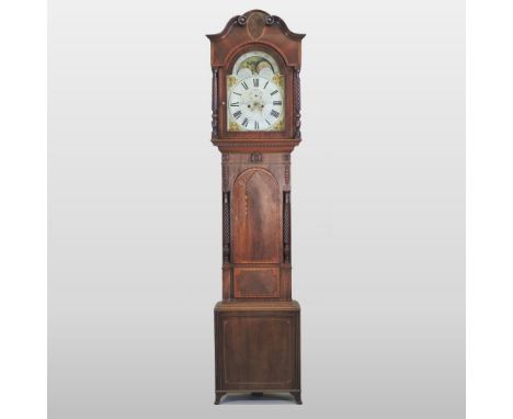 A late George III mahogany and inlaid cased longcase clock, the arched painted dial with moon phase, signed Hutchinson, Keswi