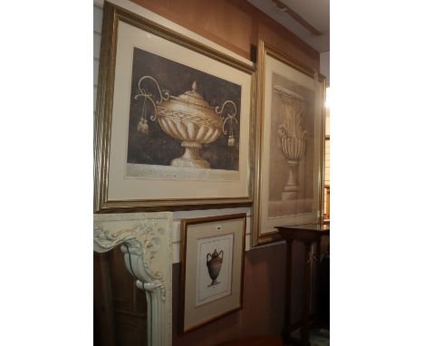 Three coloured prints of Classical vases, framed and glazed