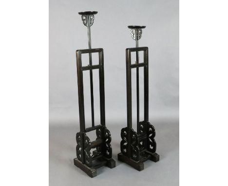 A pair of Chinese hongmu lamp stands, late 19th/early 20th century, converted to electricity, H. 120cm at lowest position Pro