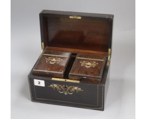 A Victorian brass and mother of pearl inlaid coromandel tea caddy, length 22.5cm