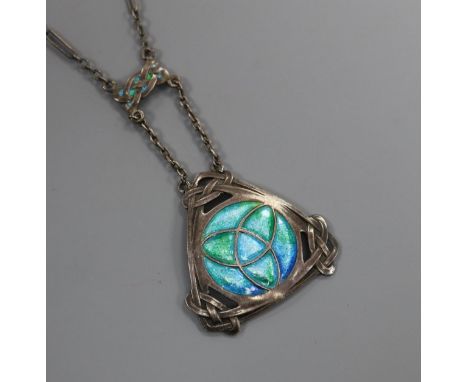 An early 20th century Art Nouveau 930 white metal and enamel pendant necklace by Murrle Bennett &amp; Co, pendant 31mm.