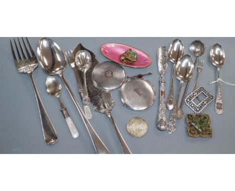 Assorted small silver, including compacts, Danish dish and flatware, including plated and minor costume jewellery.