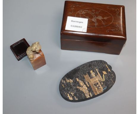 A Chinese hongmu and silver wire box, an ink cake and a soapstone seal Provenance - The owner and her family lived in Singapo