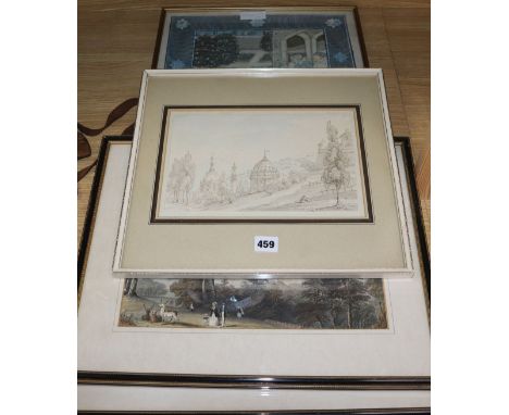 19th century English School, ink and wash, View of a hillside palace, 17 x 26.5cm and three assorted prints