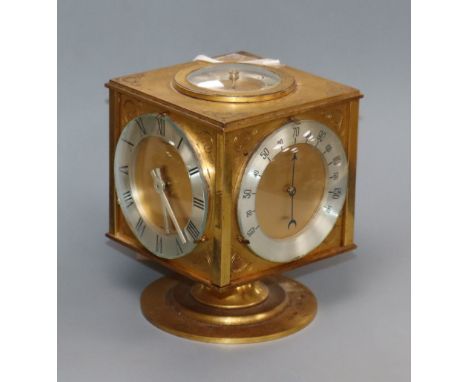 An Asprey gilt brass combination timepiece barometer, thermometer, compass