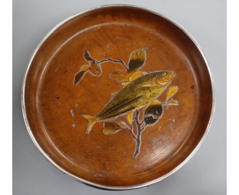 A 19th century Japanese turned mulberry wood bowl, silver-mounted and with sumiyoshi lacquer design of magnolia and katsuo, t