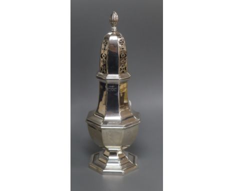 A George V silver octagonal sugar caster, London, 1912, 18.5cm, 122 grams.
