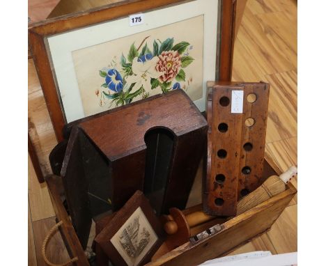 A 19th century candle box, spoon rack, salt box, wooden trunk, botanical watercolour, and two prints etc.