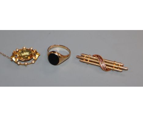 A yellow metal triple bar brooch, a citrine, pearl and yellow metal brooch and a 9ct gold and agate signet ring